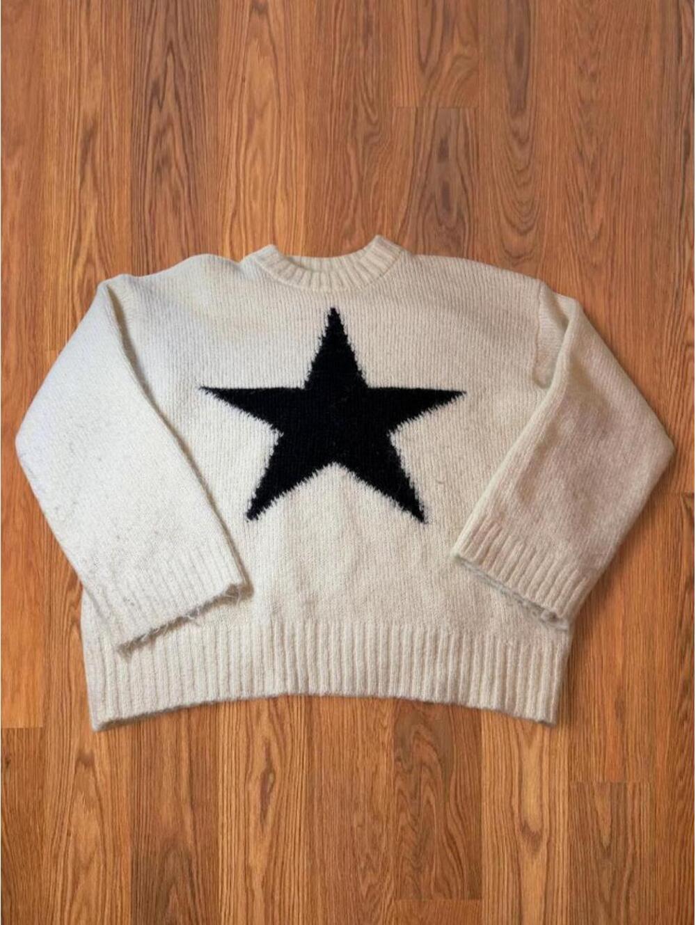 Wild Fable Womens Cream Knit Sweater Black Star Oversized Y2K Indie Size XXS